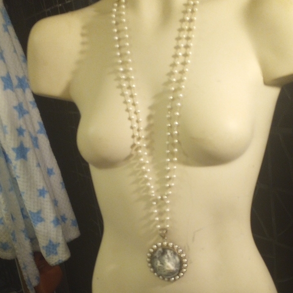SaFia Signed Longer Pearl Necklace with Silver Cameo Pendant.